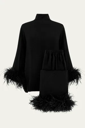 Sleeper Tie Cropped Feather-Trim Pajama Set
