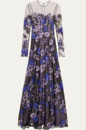 Naeem Khan Floral-Embroidered Long-Sleeve Illusion Gown