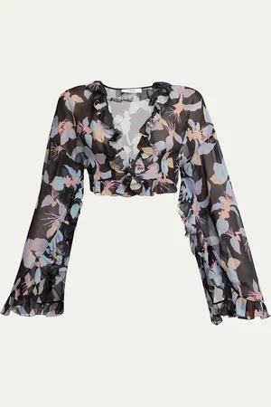 Chloé Floral Silk Ruffle Long-Sleeve Crop Top