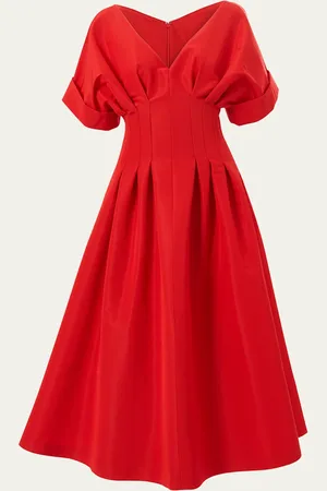 Carolina Herrera Pleated V-Neck Midi Fit-Flare Dress