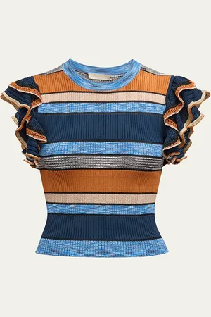 ULLA JOHNSON Cecile Striped Ruffle Rib Knit Top