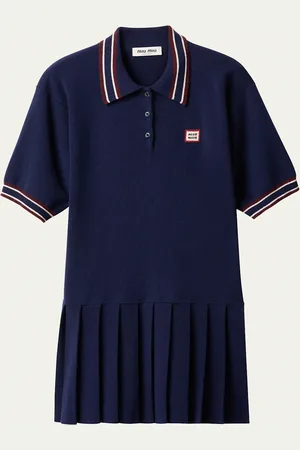 Miu Miu Short-Sleeve Pleated Mini Polo Cashmere Wool Dress