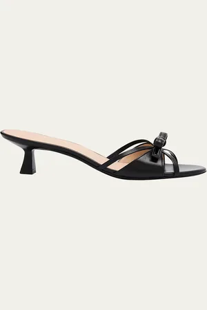 Stuart Weitzman Felicity Leather Bow Kitten-Heel Mules
