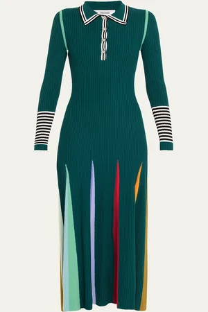 Christopher John Rogers Multicolor Godet-Skirt Rib Maxi Polo Dress
