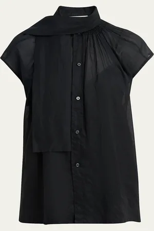 Plan C Scarf-Neck Button-Down Blouse