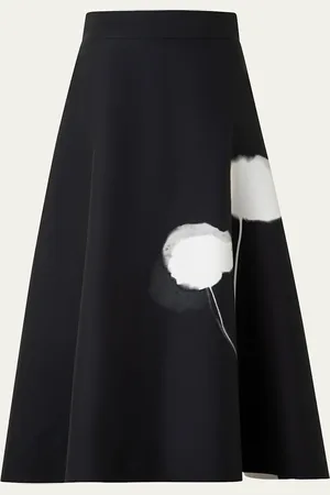AKRIS Windflower-Print Cotton Silk A-Line Midi Skirt