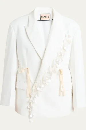 Plan C Sequin-Fringe Drawstring Double-Breasted Blazer Jacket