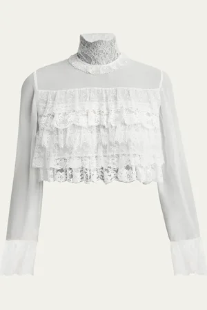 Chloé Lace Ruffle Long-Sleeve Silk Crop Top
