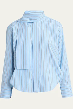 Plan C Stripe Scarf-Neck Button Down Blouse