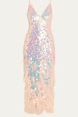 LOVESHACKFANCY Miriana Iridescent Sequined Midi Dress with Feathers