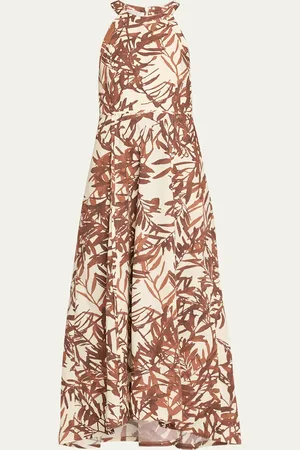 Brunello Cucinelli Herbarium Print Cotton Poplin Halterneck Volume Dress
