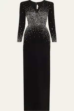 Naeem Khan V-Neck Crystal Long Sleeve Column Gown