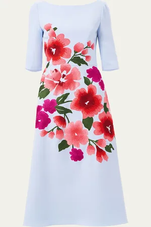 Carolina Herrera Floral Embroidered 3/4-Sleeve Midi Dress