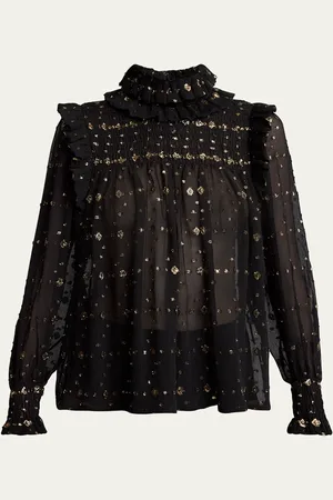 Saint Laurent Smocked Sheer High Neck Embroidered Blouse