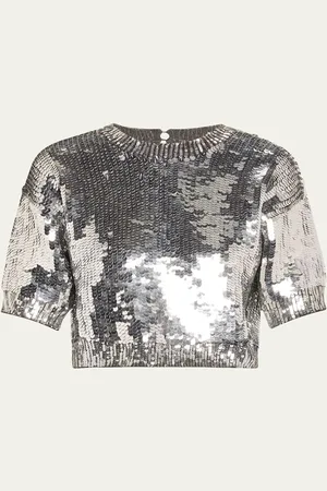 MERYLL ROGGE Sequined Shetland Short Sleeve Wool Cashmere Sweater