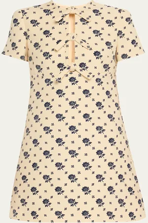 VALENTINO GARAVANI Floral Print Bow Keyhole Wool Mini Dress