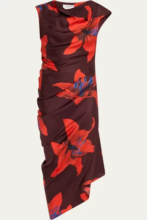Alexander McQueen Lily-Print Draped Short-Sleeve Midi Dress