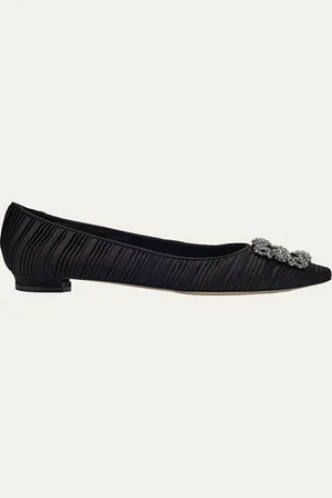 Manolo Blahnik Hangisi Pleated Satin Buckle Ballerina Flats