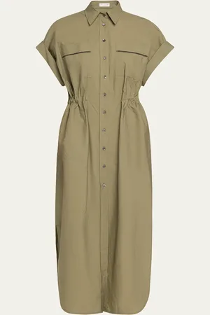 Brunello Cucinelli Monili-Trim Short-Sleeve Techno Cotton Poplin Midi Shirtdress