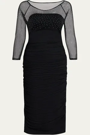 CHIARA BONI Gyun Ruched Rhinestone Illusion Midi Dress
