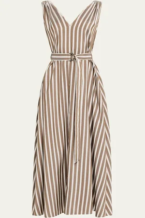 Brunello Cucinelli Striped Sleeveless Monili-Shoulder Belted Midi Dress