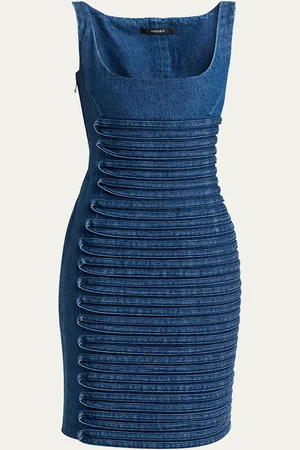 VERSACE Stripe Embroidered Sleeveless Denim Dress