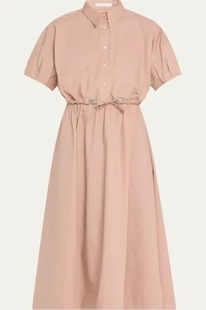 Brunello Cucinelli Fit-Flare Drawcord Poplin Asymmetric Midi Shirtdress