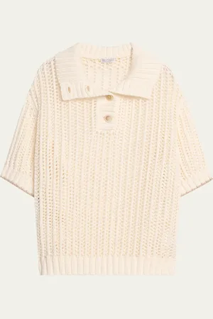 Brunello Cucinelli Short-Sleeve Summer Rope Knit Half Button Sweater