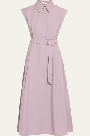 Brunello Cucinelli Cap-Sleeve Belted Crispy Cotton Midi Shirtdress