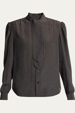 Saint Laurent Polka Dot Tie-Neck Button Down Silk Blouse
