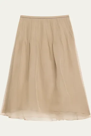 Brunello Cucinelli Pleated Crispy Silk Organza Midi Skirt with Monili Trim