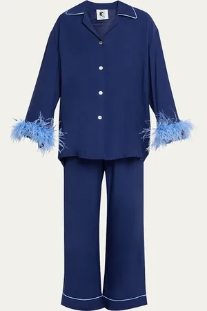 Sleeper Miss Cat Piped Feather-Trim Pajama Set
