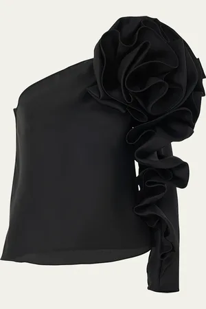 Carolina Herrera One-Shoulder Flower Sleeve Silk Top