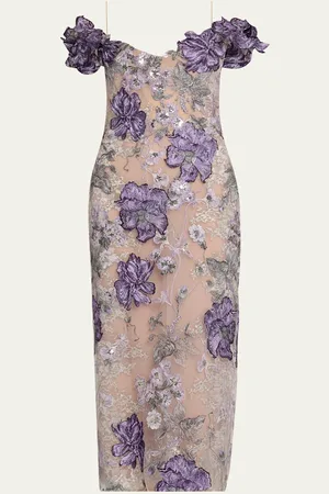 Marchesa Notte Off-Shoulder Floral Threadwork Cocktail Dress