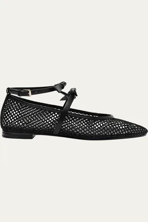 ALEXANDRE BIRMAN Slim Clarita Bow-Strap Fishnet Ballerina Flats