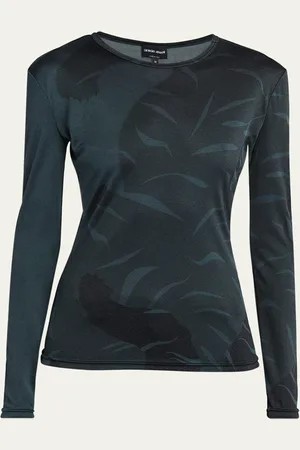 Giorgio Armani Leaf Print Long Sleeve Silk T-Shirt