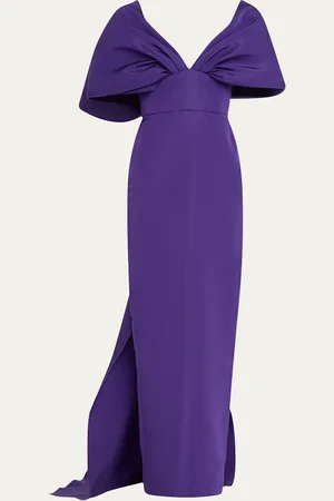 Marchesa Notte Kimono-Sleeve Faille Column Gown with Train