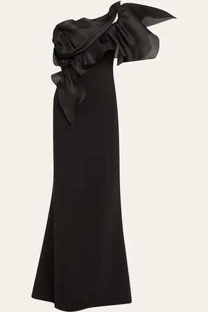 Marchesa Notte One-Shoulder Ruffle Stretch Crepe Gown