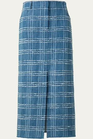 AKRIS Fringed Check Denim Midi Skirt