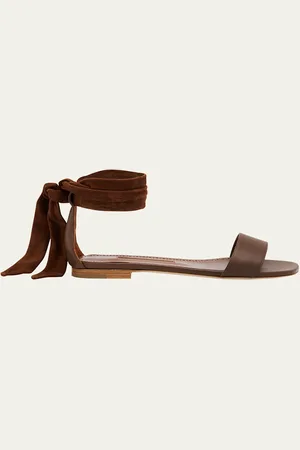 Manolo Blahnik Chastana Leather Ankle-Tie Flat Sandals