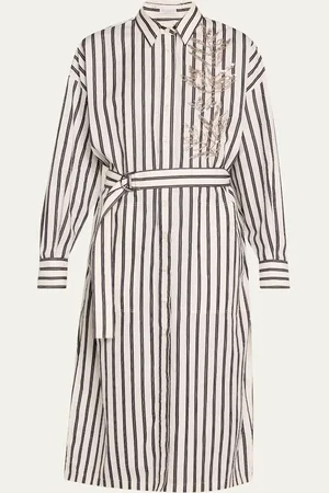 Brunello Cucinelli Stripe Sequined Herbarium Belted Midi Shirtdress