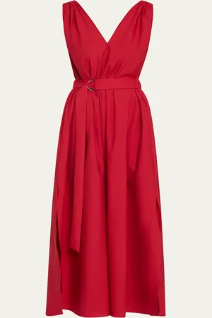 Brunello Cucinelli Monili-Shoulder Belted Crinkle Cotton Midi Dress