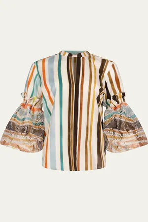 Silvia Tcherassi Nuru Striped Eyelet Puff-Sleeve Blouse