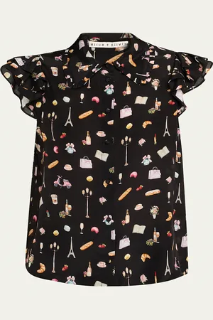 ALICE+OLIVIA Martel Flutter-Sleeve Blouse