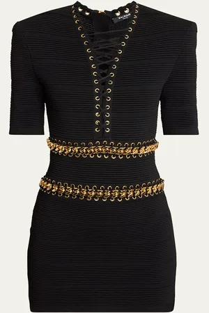 Balmain V-Neck Chain Lace-Up Mini Dress