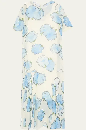 AKRIS Carnation-Print Viscose Georgette Short-Sleeve Midi Dress
