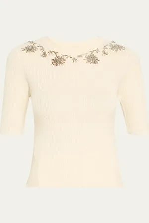 PRABAL GURUNG Floral Embroidered Elbow-Sleeve Rib Sweater