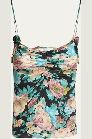 Chloé Floral Ruched Ruffle-Trim Silk Tank Top