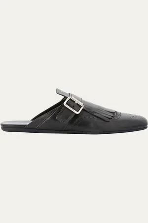 Prada Vitello Leather Fringe Shuffle Mule Loafers