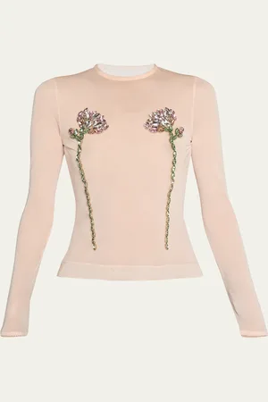 Simone Rocha Sheer Fitted Ballet Mesh Crystal Flowers Top